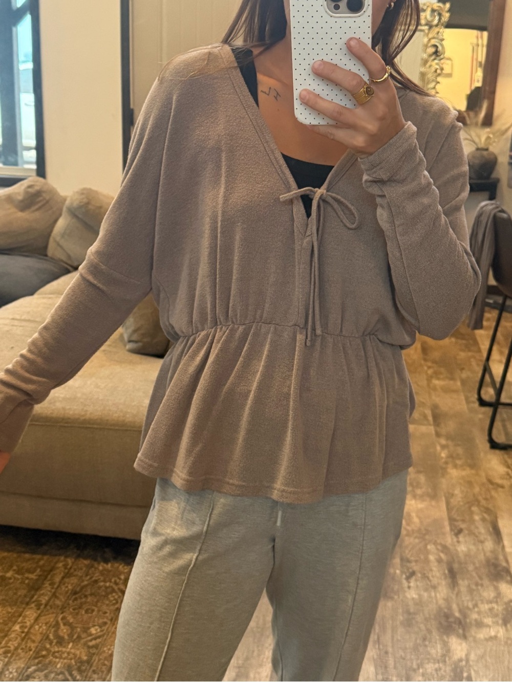 Billabong Taupe Tie-Front Peplum Tunic